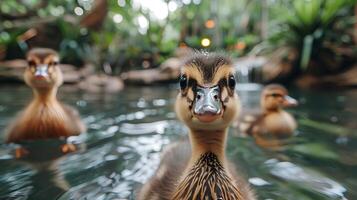 Cute duckling by the pond, outdoors in nature, with yellow feathers and a small beak, enjoying a sunny day photo