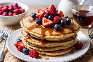 Tempting plate of pancakes topped with fresh blueberries, strawberries, and drizzled with honey, served on a rustic wooden table photo