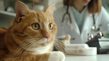 Portrait of a smiling female vet with a stethoscope, holding a cute domestic cat in a veterinary hospital photo