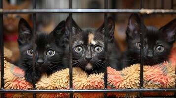 Cute kitten with striking yellow eyes sits in a cage, its fluffy fur and playful demeanor captured in a close up portrait photo