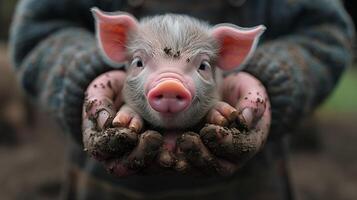 adorable cerdito al aire libre en naturaleza, lodoso y juguetón, mirando a el cámara con linda expresión foto