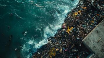 Aerial view of a polluted coastline, garbage litters the water, threatening marine life and ecosystems photo