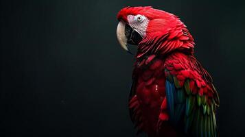 Vibrant scarlet macaw parrot against a dark background. Concept of exotic birds, wildlife, tropical animals, colorful feathers photo
