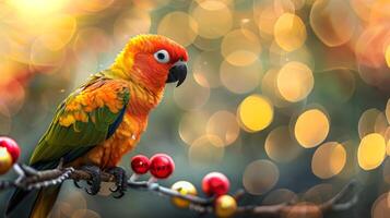Vibrant parrot with colorful feathers perched on a branch with festive ornaments. Concept of exotic bird, nature, wildlife, tropical decoration photo