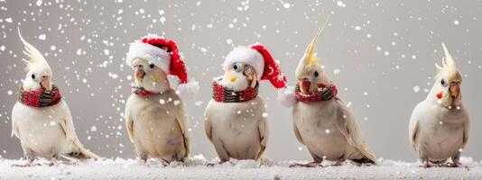 Five cockatiels wearing Santa hats and scarves in the snow. Concept of Christmas, holiday, festive, birds photo