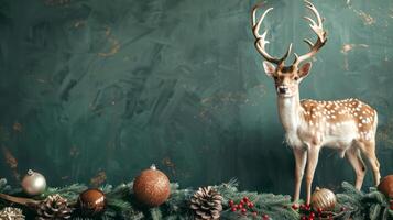 Fawn with antlers standing on Christmas decorations with ornaments and pinecones. Concept of holiday season, festive decor, wildlife, winter celebration photo