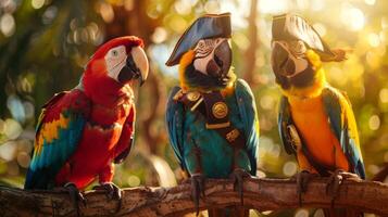 Three red parrots wearing pirate hats perched on a branch in a lush forest. Concept of tropical birds, adventure theme, exotic wildlife, vivid nature photo