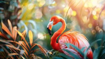 Bright pink flamingo in lush green jungle. Concept of colorful bird, tropical wildlife, exotic nature, vibrant fauna photo