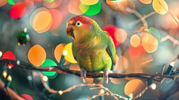 Vibrant parrot with colorful feathers perched on a branch with festive ornaments. Concept of exotic bird, nature, wildlife, tropical decoration photo