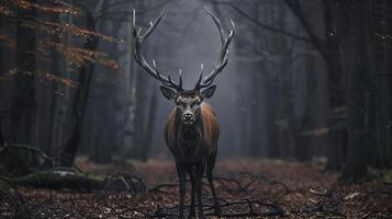 Majestic deer with large antlers standing in a misty forest clearing. Concept of wildlife, nature, forest, tranquility photo