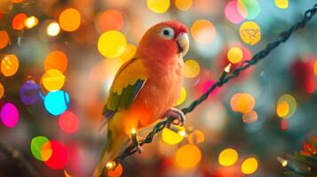 Vibrant parrot with colorful feathers perched on a branch with festive ornaments. Concept of exotic bird, nature, wildlife, tropical decoration photo