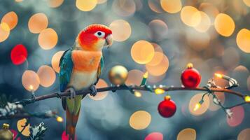 Vibrant parrot with colorful feathers perched on a branch with festive ornaments. Concept of exotic bird, nature, wildlife, tropical decoration photo