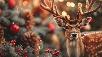 Festive deer with antlers surrounded by Christmas decorations. Concept of holiday, festive, Christmas, decoration photo