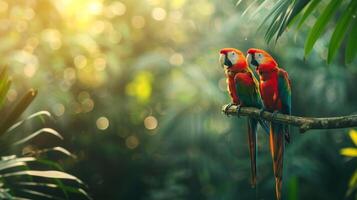 Two colorful macaws perched on a branch with tropical foliage in the background. Concept of exotic birds, wildlife, nature, tropical environment photo