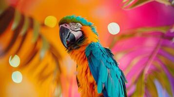 Vivid macaw parrot with colorful feathers on a vibrant jungle background concept of exotic birds rainforest wildlife tropical animals photo