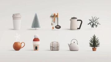 Minimalistic Christmas themed objects on a white background. Concept of holiday decor, winter items, festive season, and celebration photo