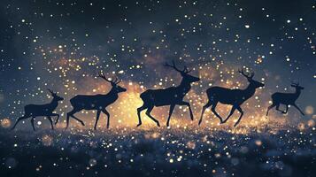 Silhouette of Three Deers at Night with Snowfall and Starry Sky. Concept of Nature, Wildlife, Winter, Night Scenery photo
