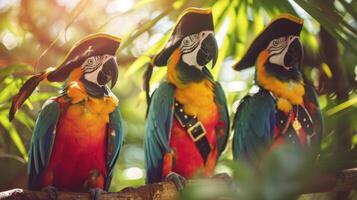 Three red parrots wearing pirate hats perched on a branch in a lush forest. Concept of tropical birds, adventure theme, exotic wildlife, vivid nature photo