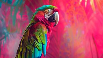 Vivid macaw parrot with colorful feathers on a vibrant jungle background concept of exotic birds rainforest wildlife tropical animals photo
