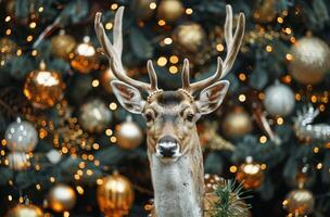 Christmas reindeer with antlers in front of a decorated holiday background. Concept of Christmas, New Year, reindeer, festive celebration photo