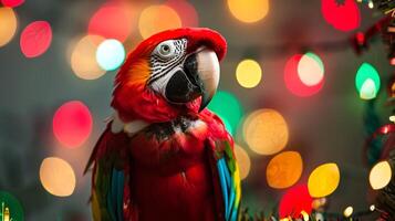 Colorful parrot with vibrant feathers in front of festive lights. Concept of exotic bird, pet, tropical wildlife, festive decoration photo