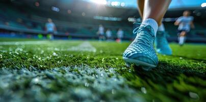 Close up of a soccer player's foot in a blue shoe on a football stadium field background with copy space. photo