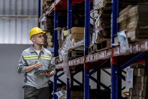 man worker walking and checking stock items for shipping. male inspecting the store factory. Logistics employees holding folders at on site warehouse area for shipping transportation. photo
