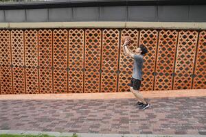 Men take a walk to relax after playing basketball in a public area, having fun and practicing at the same time. photo