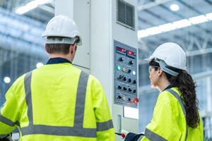 Male and female engineers in neat work clothes prepare and control the production system of large modern machines in a factory producing industrial technology products. photo