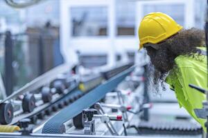 Portrait of African woman worker beautiful face with eye confident and wearing working suite dress and safety helmet at heavy machine in industry factory. Engineer worker concentrate on workplace. photo