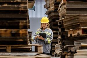 woman worker walking and checking stock items for shipping. Female inspecting the store factory. Logistics employees holding folders at on site warehouse area for shipping transportation. photo