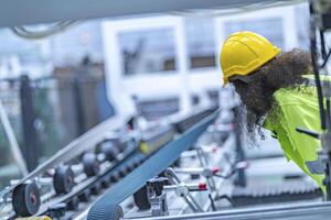 Portrait of African woman worker beautiful face with eye confident and wearing working suite dress and safety helmet at heavy machine in industry factory. Engineer worker concentrate on workplace. photo
