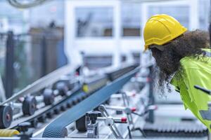 Portrait of African woman worker beautiful face with eye confident and wearing working suite dress and safety helmet at heavy machine in industry factory. Engineer worker concentrate on workplace. photo