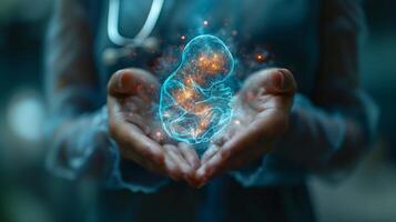Close-up midwife's hands showing baby, embryo hologram. Genetic engineering, surrogacy, embryology. Genetic analysis in pregnancy planning. Artificial insemination. Technology, the future of medicine. photo