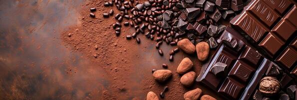 banner with chocolate and cocoa beans brown background with place for text photo