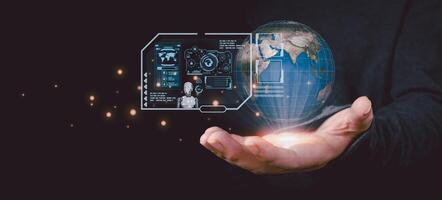 Businessman is showing concept of future technology and internet connection network with AI as controller. A graphic floated in the air on his hand. Data center network concept. photo