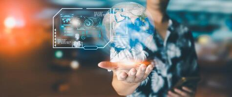 Businessman is showing concept of future technology and internet connection network with AI as controller. A graphic floated in the air on his hand. Data center network concept. photo