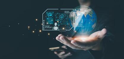 Businessman is showing concept of future technology and internet connection network with AI as controller. A graphic floated in the air on his hand. Data center network concept. photo