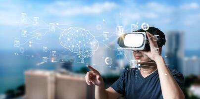 Businessman is showing concept of future technology and internet connection network with AI as controller. A graphic floated in the air on his hand. Data center network concept. photo