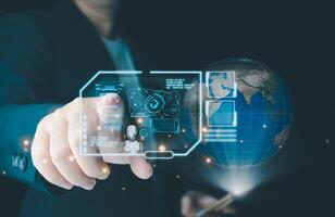 Businessman is showing concept of future technology and internet connection network with AI as controller. A graphic floated in the air on his hand. Data center network concept. photo