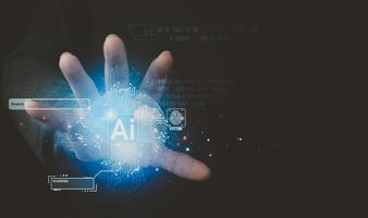 Businessman is showing concept of future technology and internet connection network with AI as controller. A graphic floated in the air on his hand. Data center network concept. photo