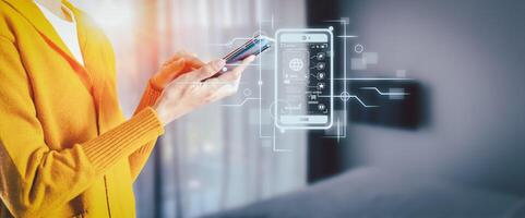 Businessman is showing concept of future technology and internet connection network with AI as controller. A graphic floated in the air on his hand. Data center network concept. photo
