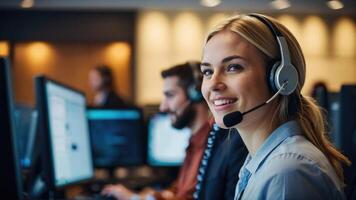 a woman wearing a headset in a call center photo