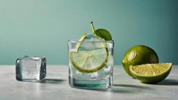 a glass of ice water with lime slices photo