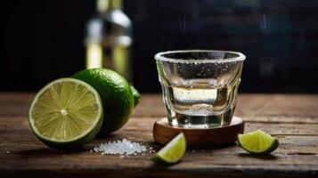 a shot glass with lime and a bottle of tequila photo