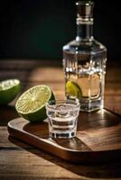 a shot glass with lime and a bottle of tequila photo