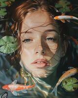 Upper body water nymph emerging from the water with fish photo