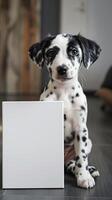 Cute puppy Dalmatian sitting next to a plain white canvas photo