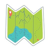 Cartoon Map Icon With GPS Pin. Illustration of Flat Travelling map icon printed on Folded paper with Navigation Line. Treasure Geographic Map isolated on White background. vector