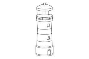 Hand drawn cute outline illustration lighthouse. Flat direction choice in line art doodle style. Support or help in ocean icon. Navigation tower. Strategy solution. Way decision. SOS. Isolated. vector